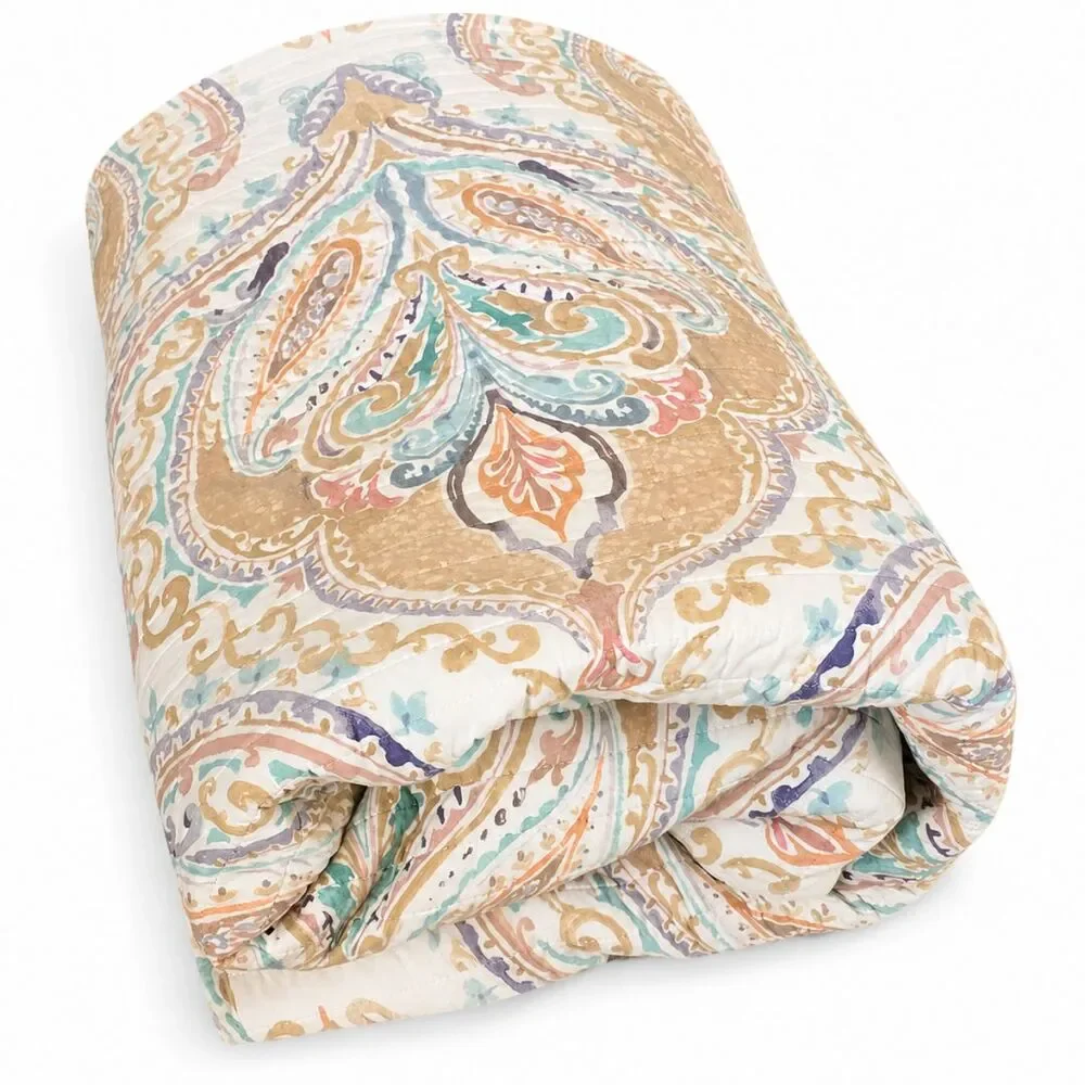 Levtex Villa Lugano Reversible Paisley Quilt Full Queen 88x92 Comforter Tan Blue